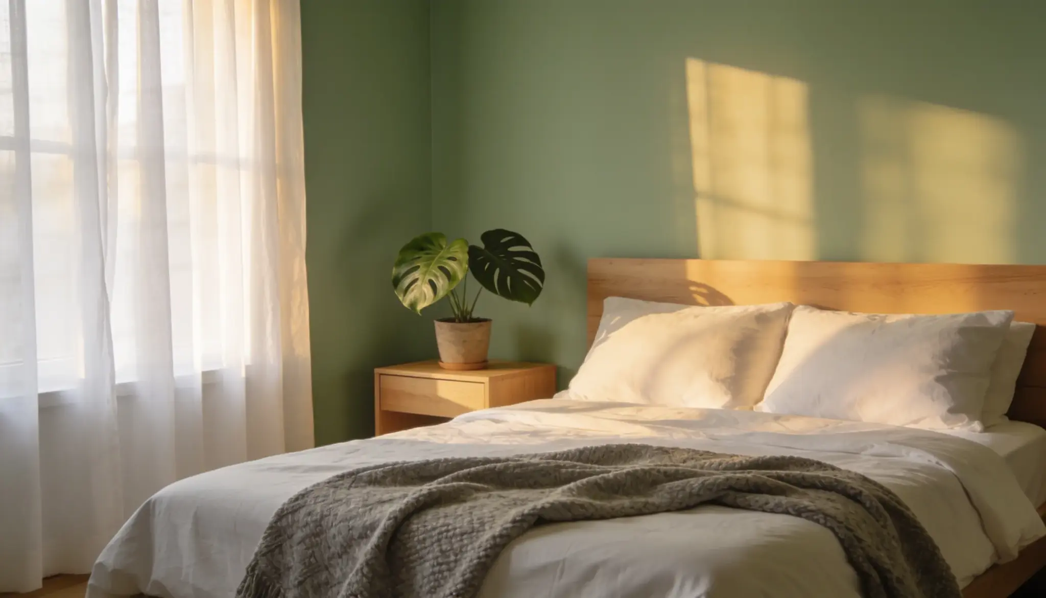 A sunlit bedroom with green walls features a cozy bed.