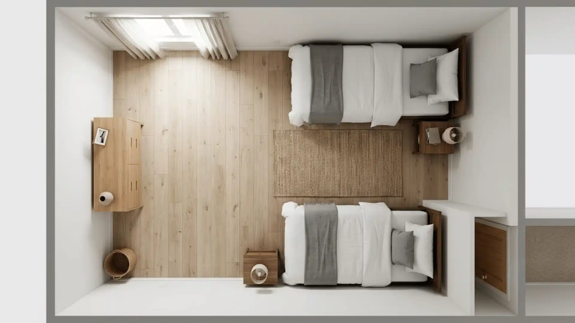 Top-down twin bedroom layout with parallel beds, nightstands, rug, and dresser.