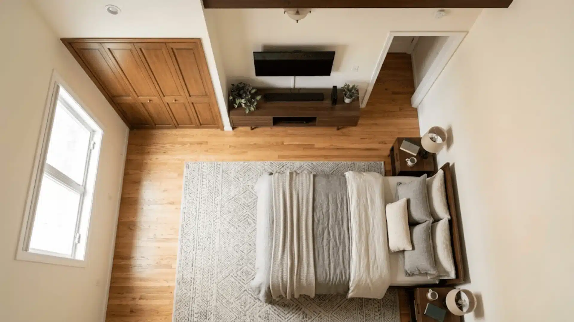 Overhead bedroom layout with bed facing a wall-mounted TV and media console.