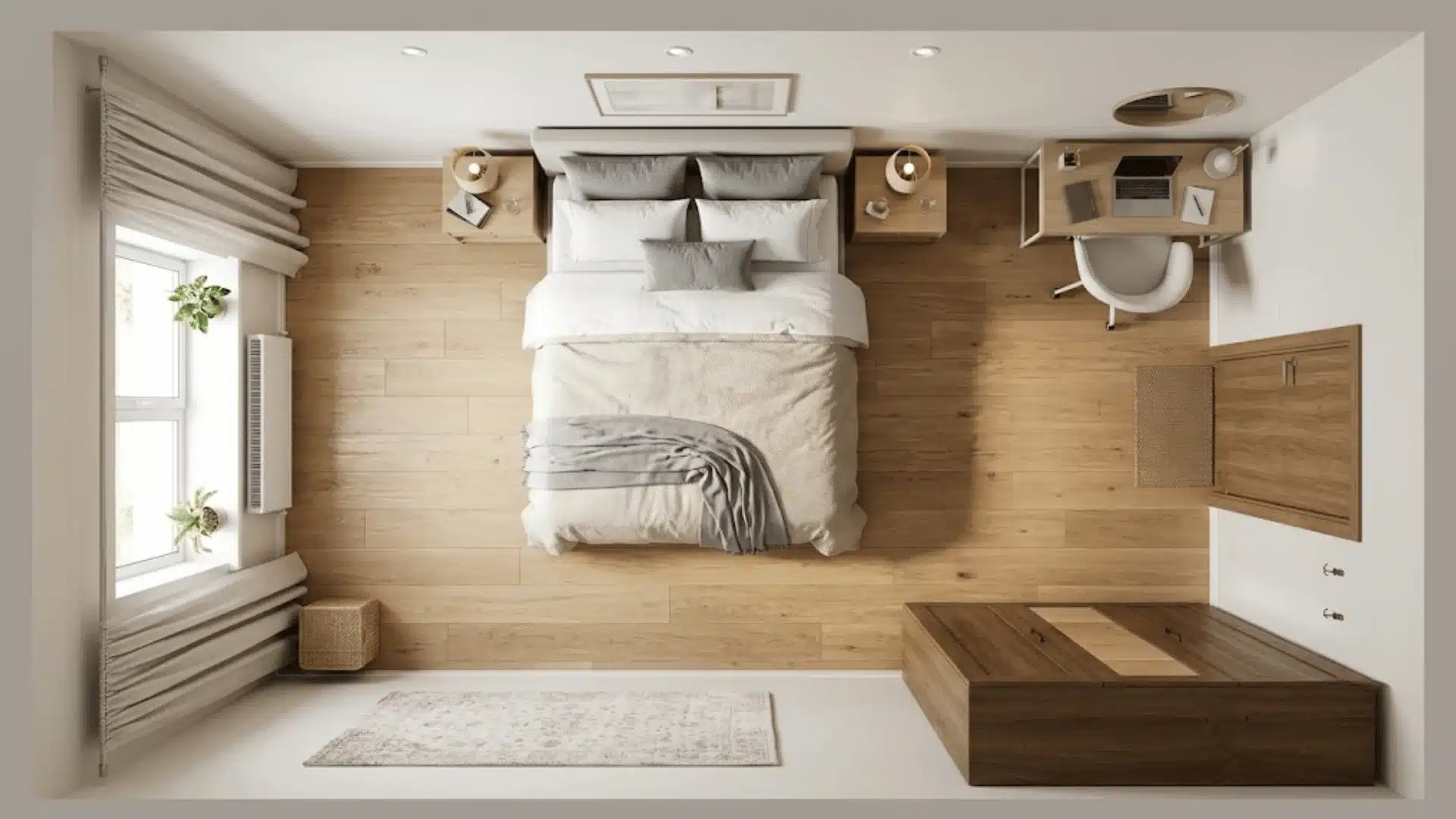 Top-down bedroom layout with queen bed, desk, wardrobe, and open floor space.