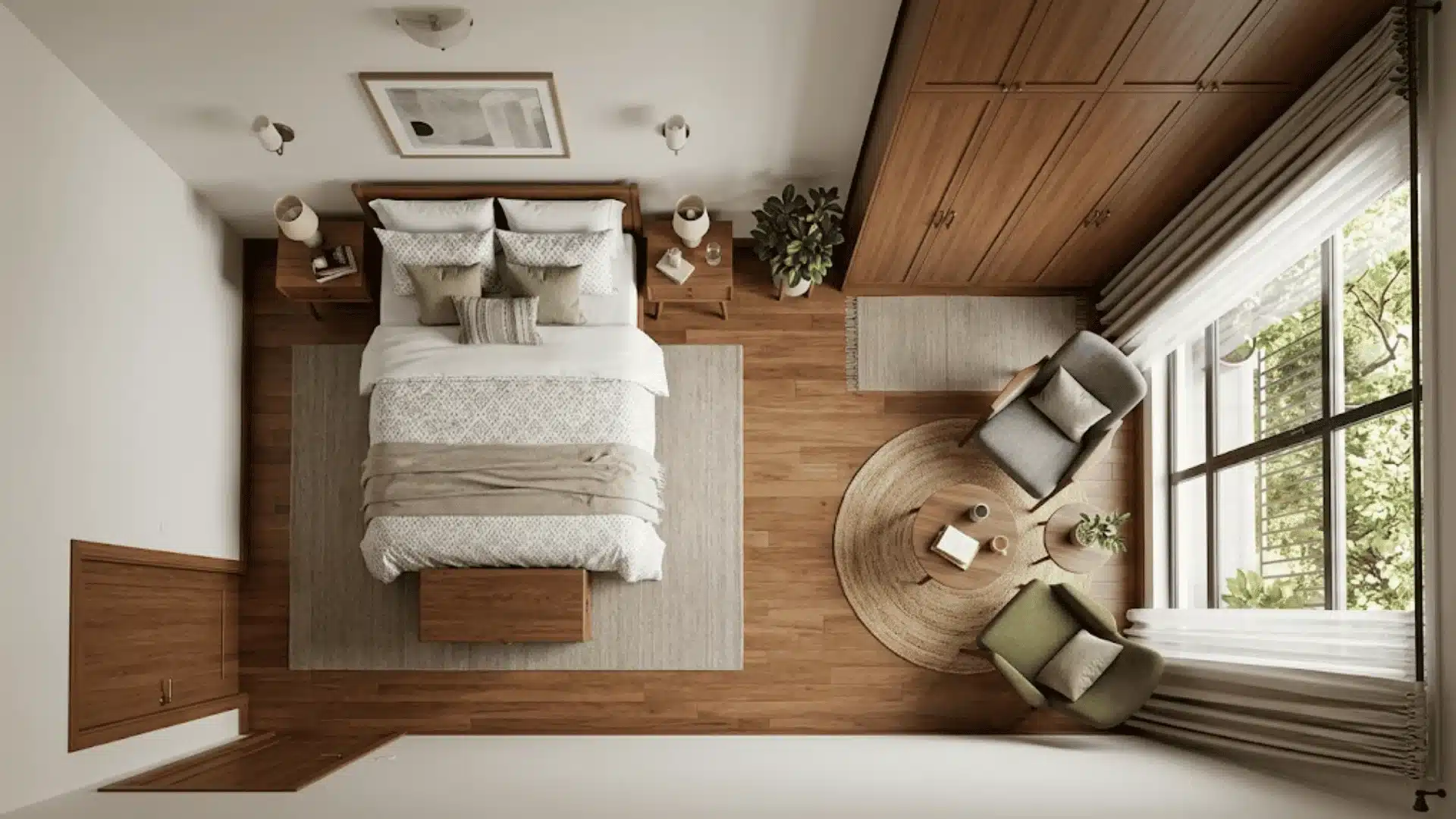 Top-down bedroom with queen bed, window seating area, wardrobes, and round rug.