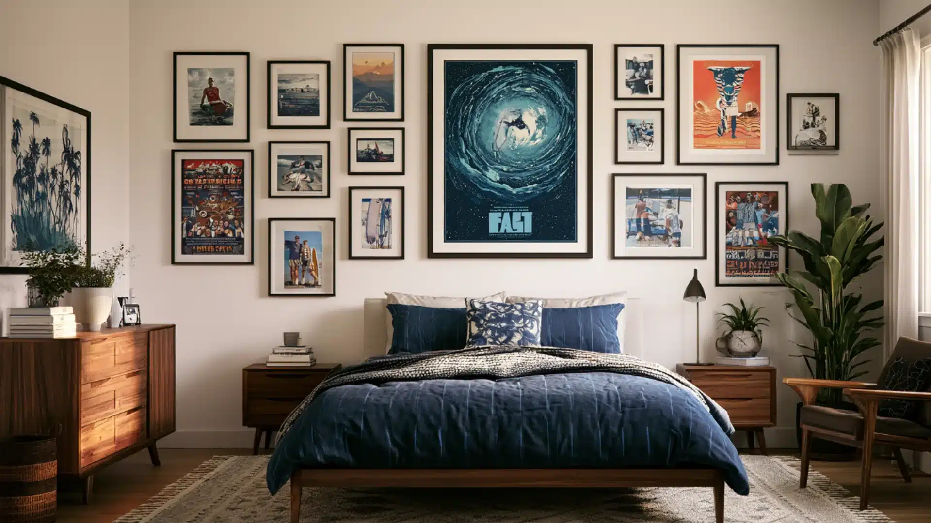 Bedroom with navy bedding, wooden furniture, lush plants, and a large gallery wall of framed art and posters.
