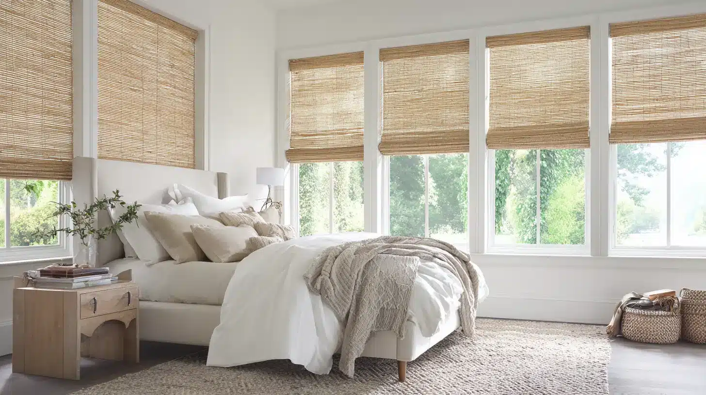 Bedroom with woven bamboo window shades upholstered bed white bedding wooden nightstand and large windows with natural light