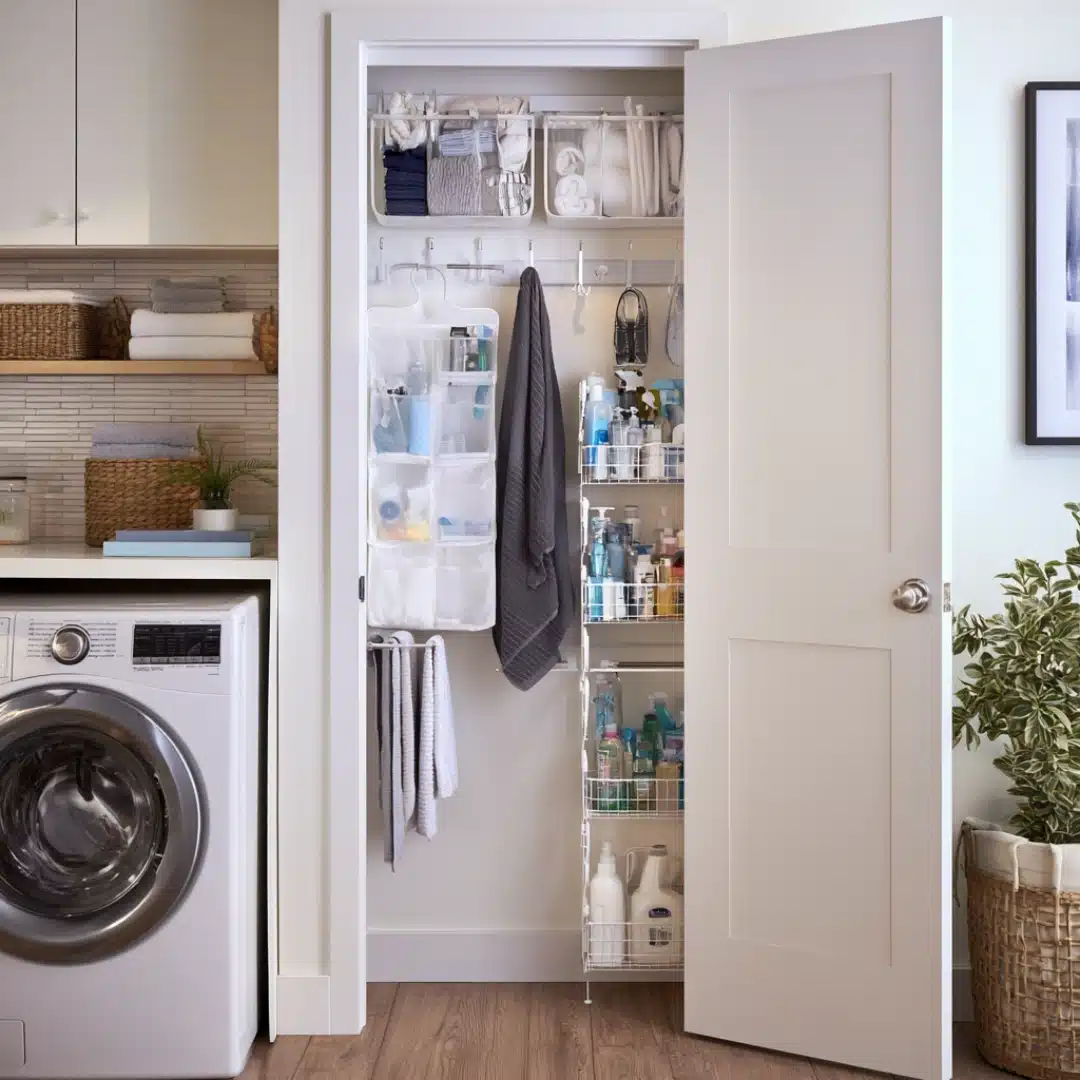 Behind the door laundry storage with baskets, hooks, towels, and cleaning supplies.