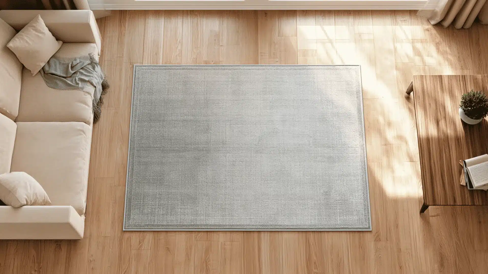 Top view of a 5x7 rug centered between a sofa and coffee table in a bright living room.