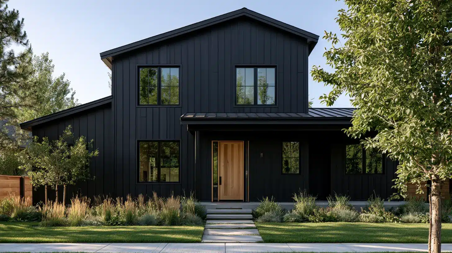 A modern two-story home with matte black vertical siding, dark framed windows, and a natural wood front door surrounded by lush landscaping under a clear sky.