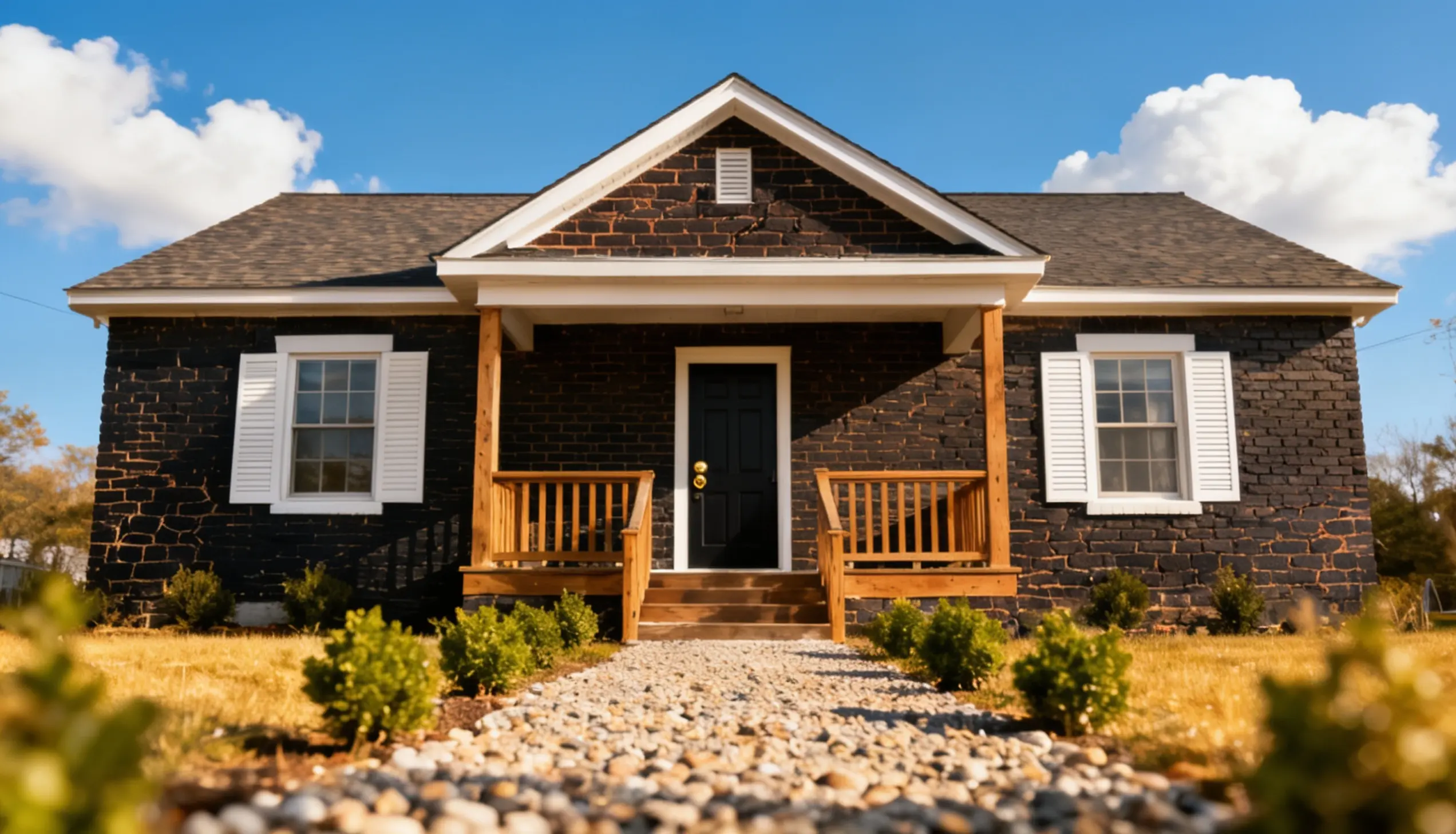 Dark brick house with white shutters, a black front door, and a wooden porch under a blue sky with clouds.