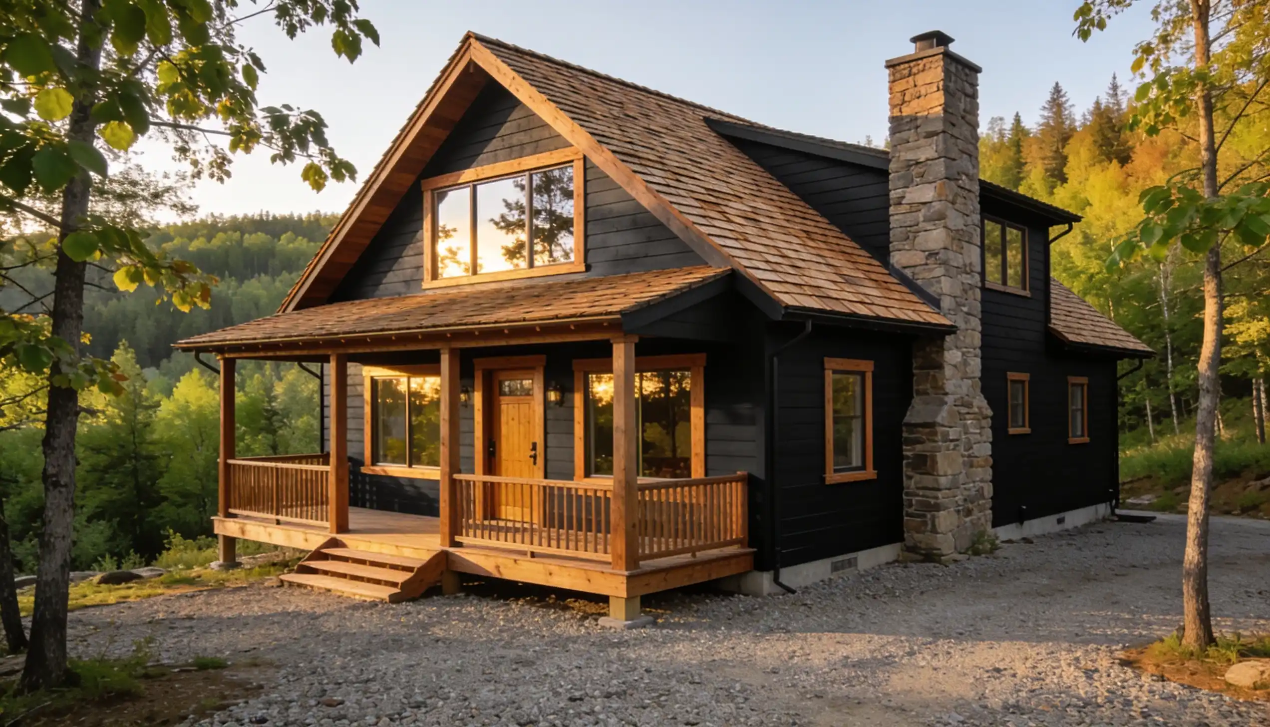 A dark wood cabin with a stone chimney sits nestled in a forest during golden hour.