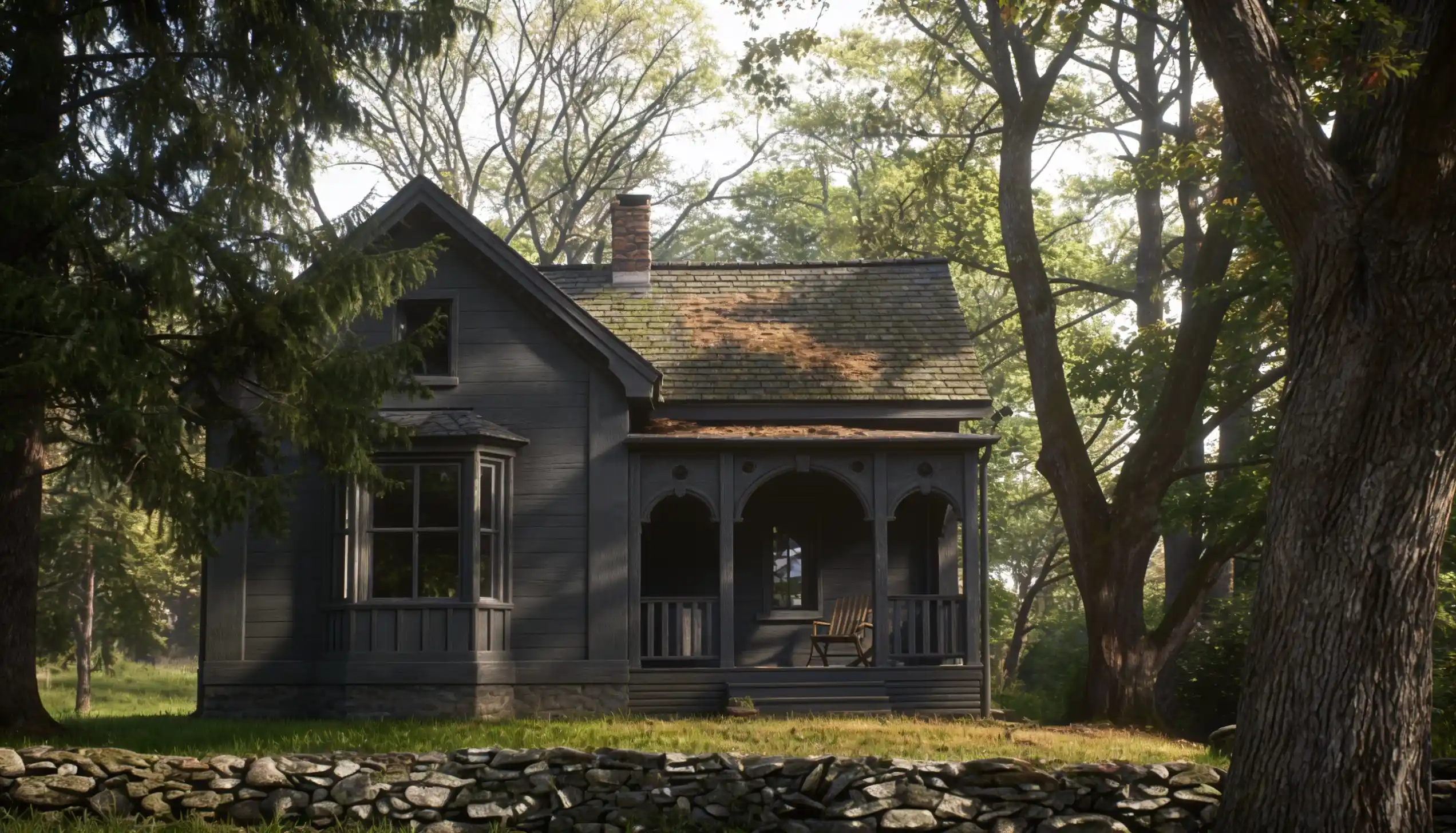 Dark gray Victorian cottage with a porch and bay window surrounded by trees and a stone wall.