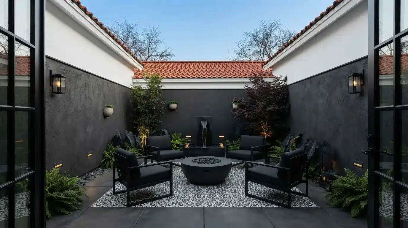 Modern courtyard with dark gray walls, a fire pit, water feature, and black seating arranged on a patterned tile patio.
