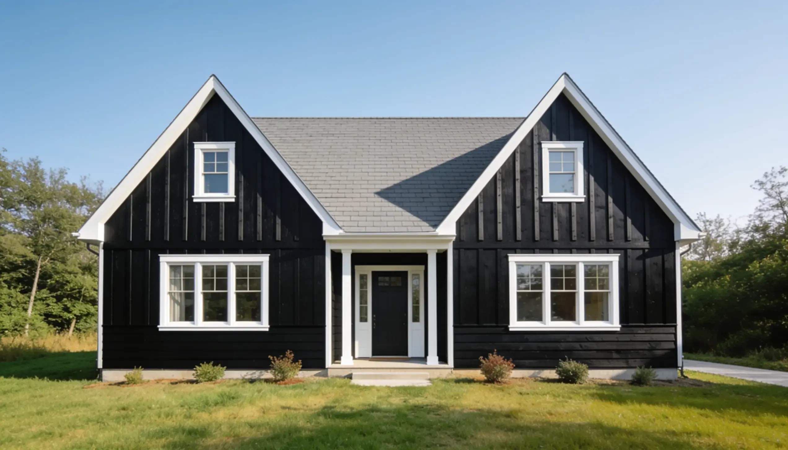 Modern black wooden house with white trim, multiple windows, and a covered front entrance.