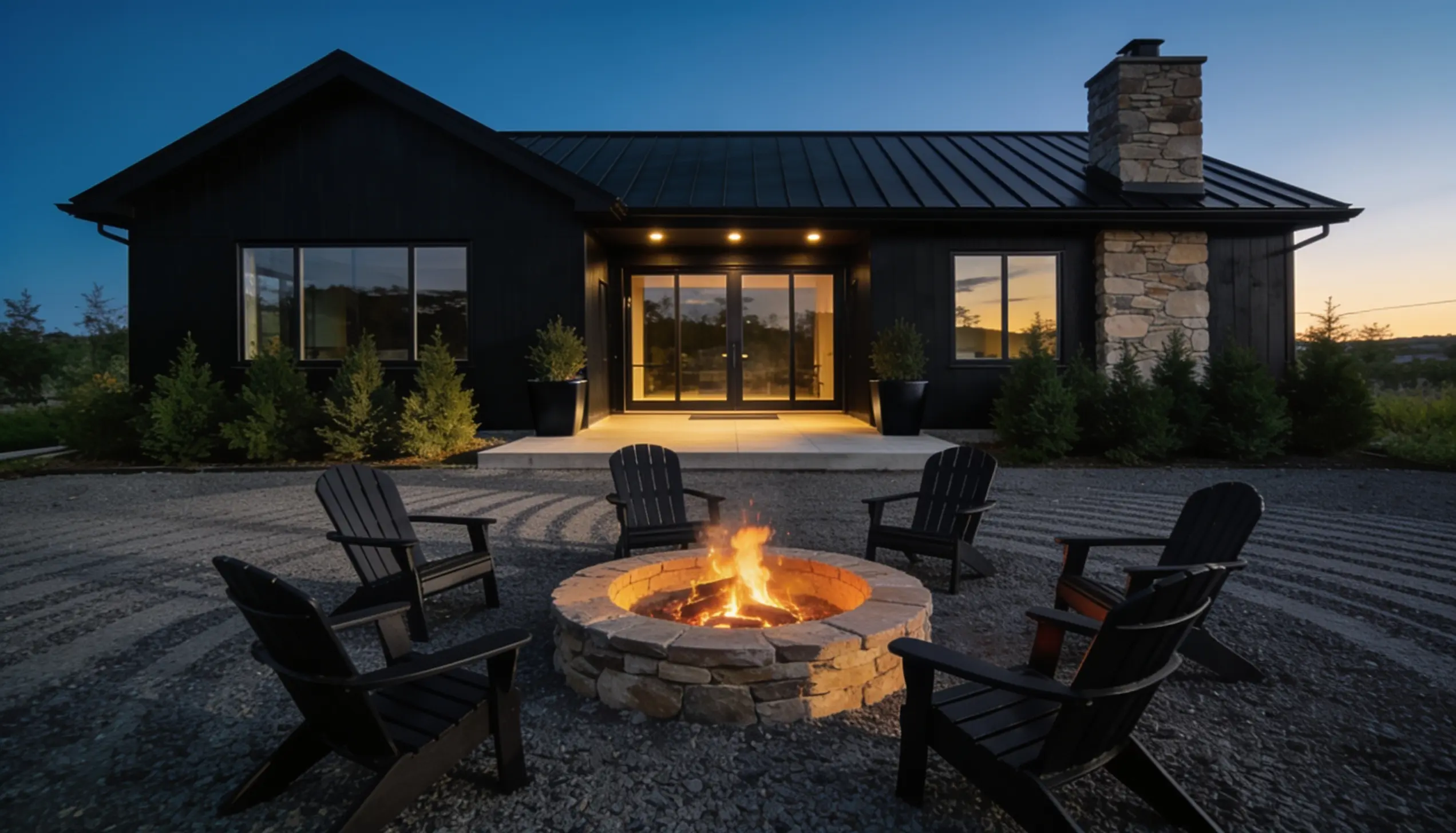 A black home with a fire pit and several chairs arranged for outdoor gatherings.