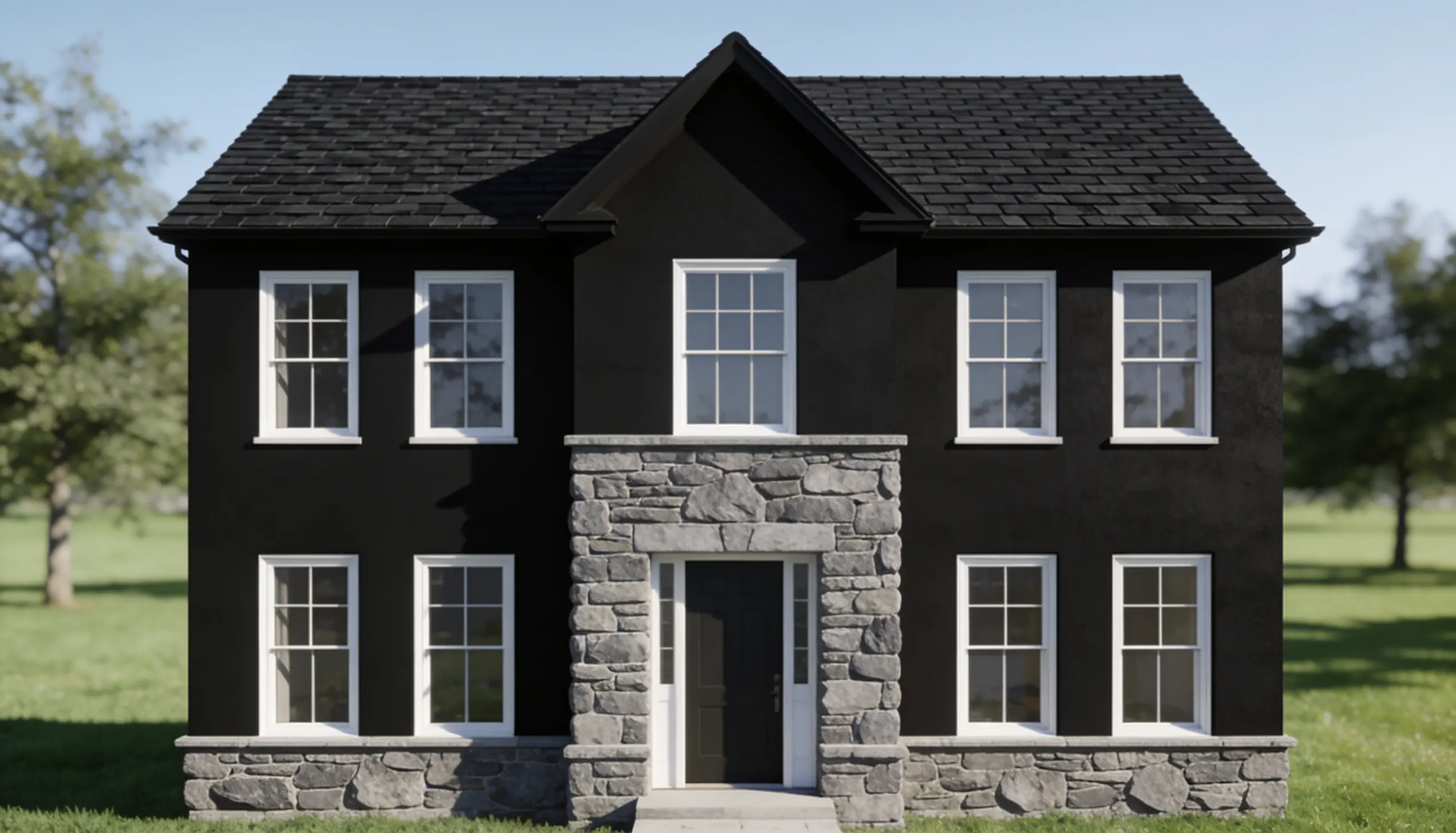 A modern black house with stone accents and multiple white-framed windows stands on a grassy lawn.