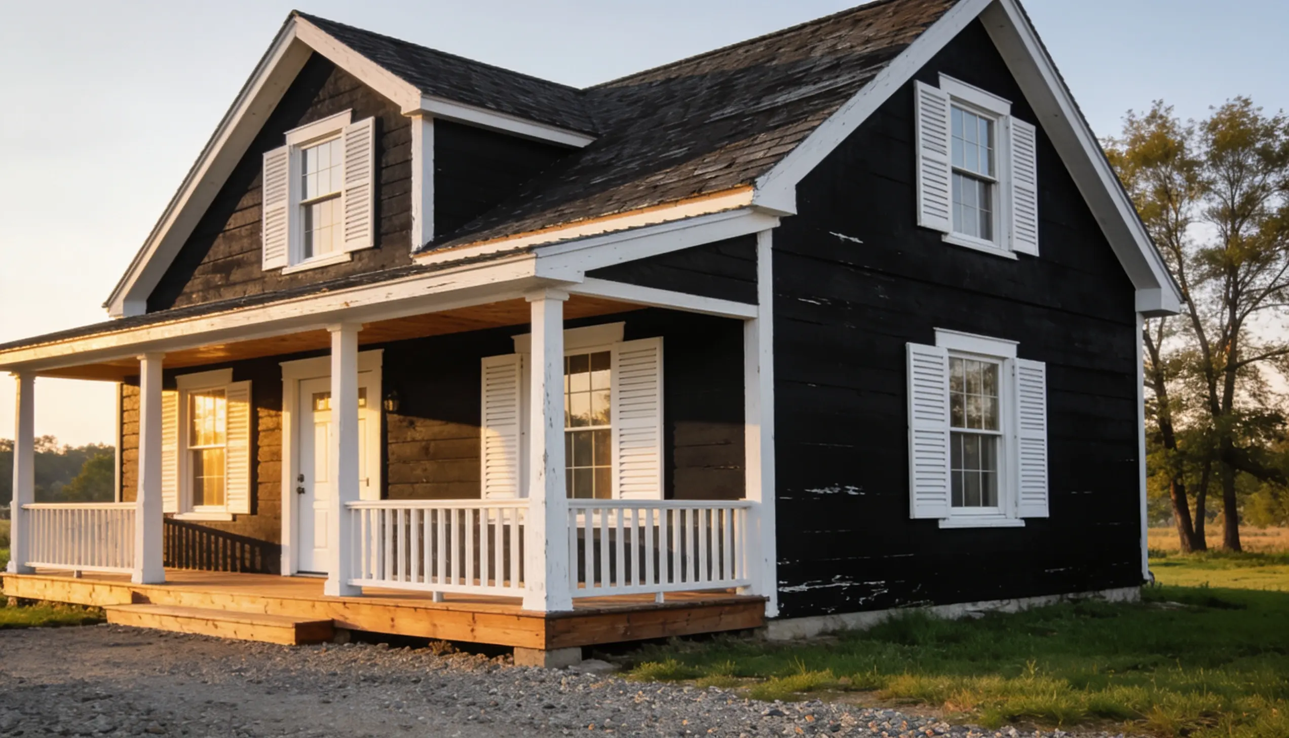 A dark-stained wooden house with white shutters and a wraparound porch sits in a grassy field at sunset.