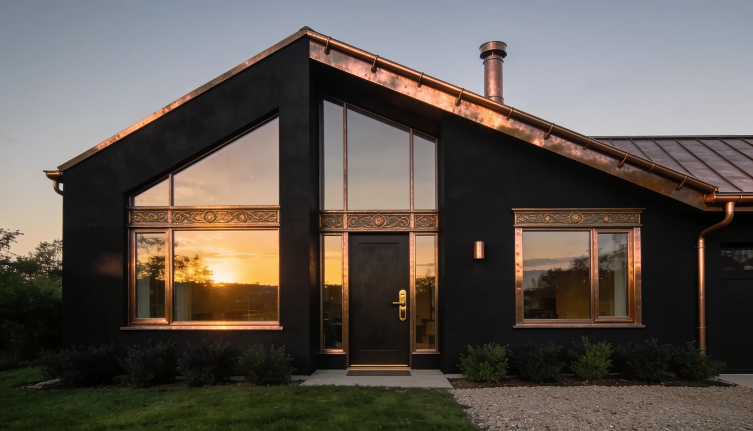 A modern black house with copper accents on the roof, gutters, and window frames during a sunset.