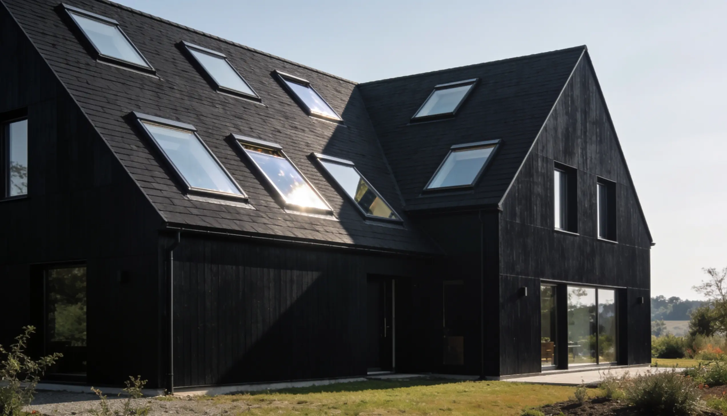 A side view of a black house with several windows, with its modern architectural design.