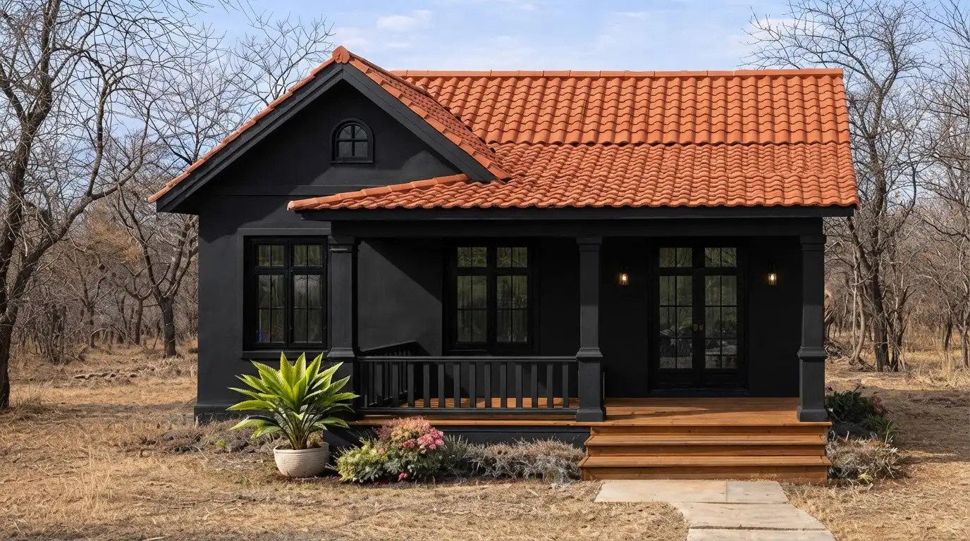 A black, modern-style cottage with an orange tile roof sits in a dry, wooded landscape.