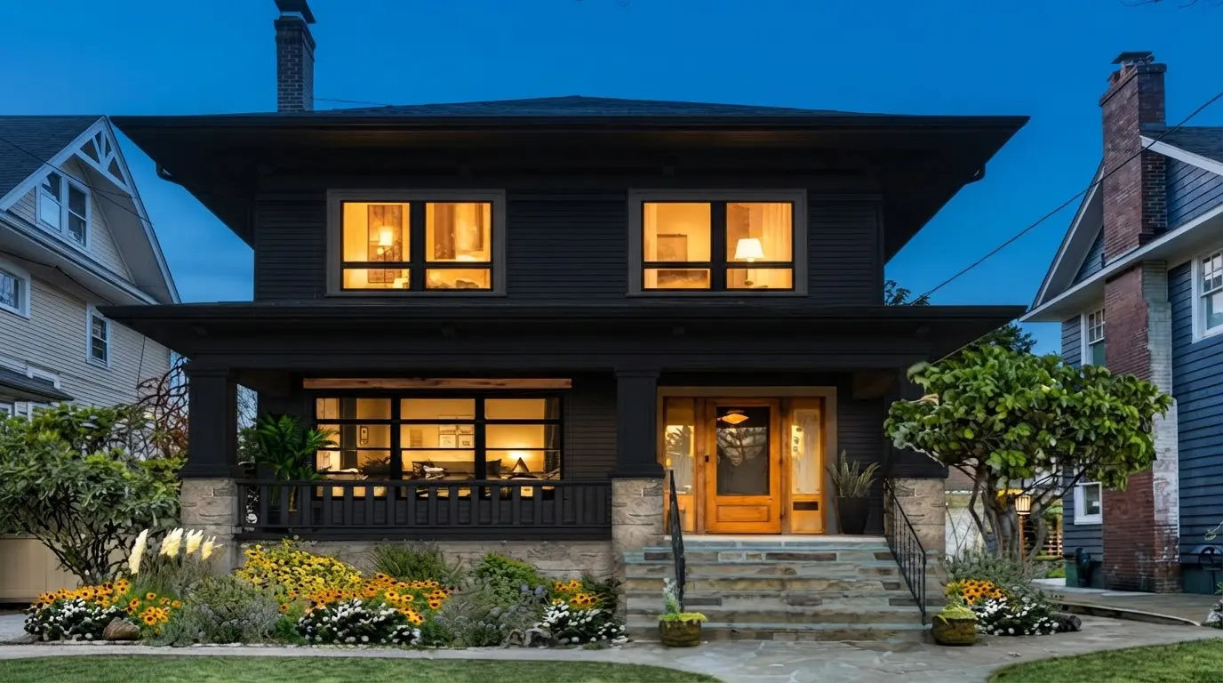 A dark, modern house with illuminated windows and a vibrant flower garden in front at dusk.