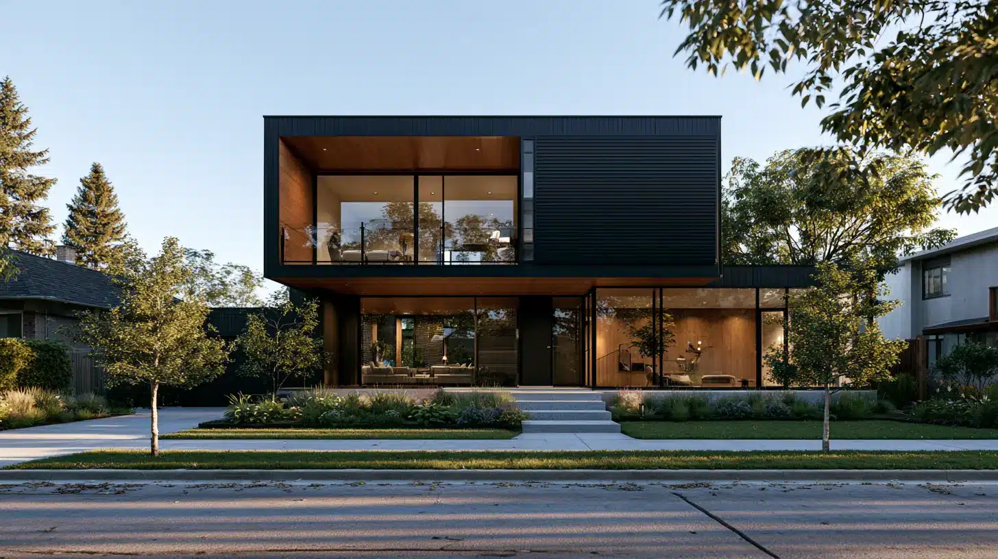 Modern two-story black-and-wood contemporary house with floor-to-ceiling windows, landscaped front yard, sidewalk, and mature trees.