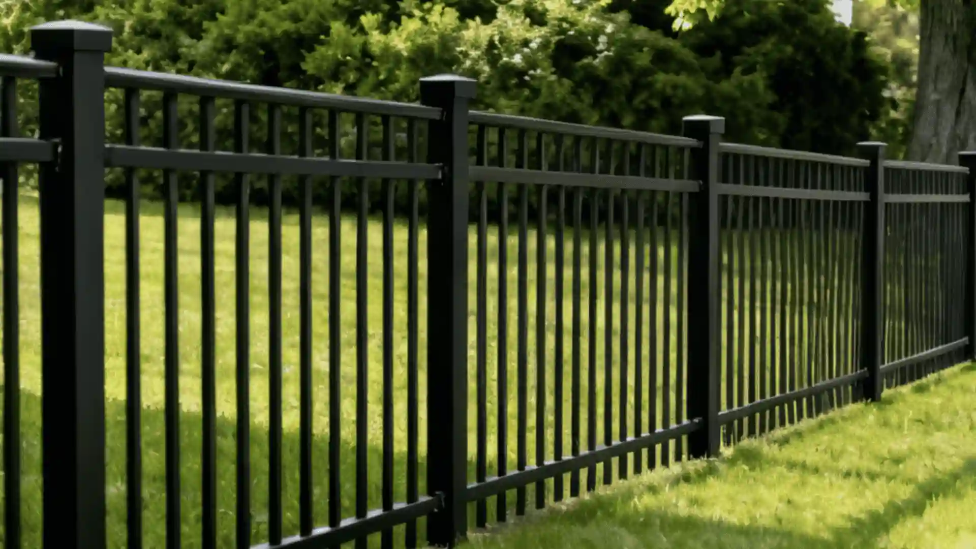 Black metal ornamental fence runs across a lush green lawn with trees in the background.