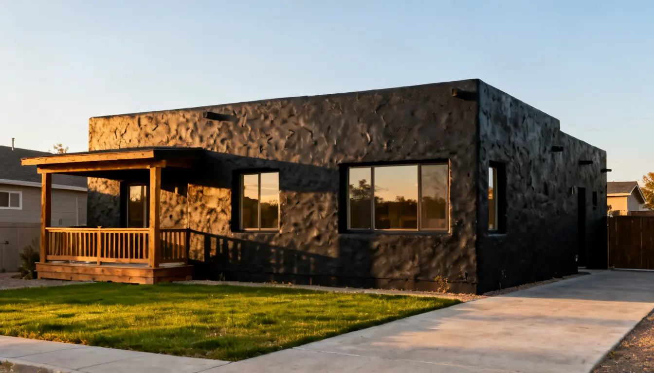 Modern dark stucco house with a wooden porch and green lawn during golden hour.