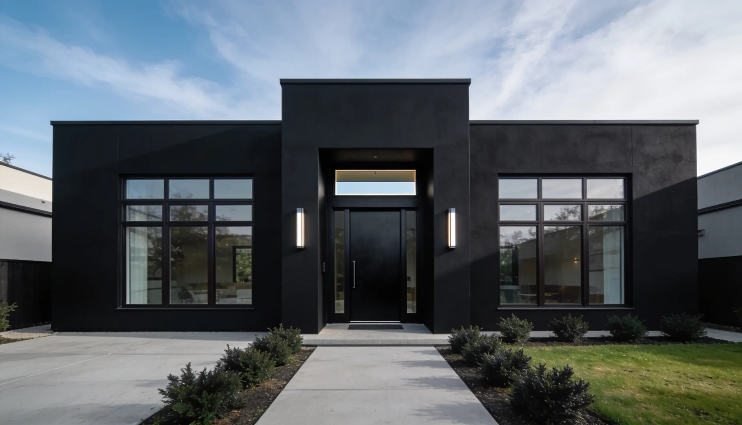 Modern black stucco house with a large black front door, flanked by windows and illuminated by vertical wall sconces.