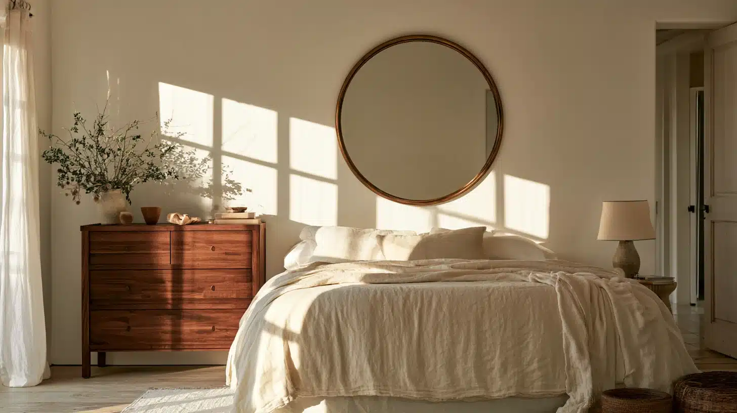 Warm <echighlighted><echighlighted>boho bedroom</echighlighted></echighlighted> with a large round mirror, wooden dresser, cream linen bedding, woven baskets, soft curtains, and golden natural light.