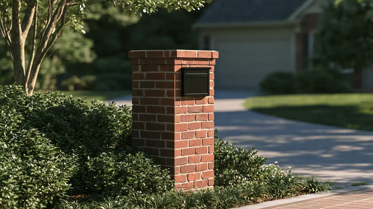 Red brick mailbox column with a black mailbox, surrounded by shrubs and grasses beside a residential driveway.