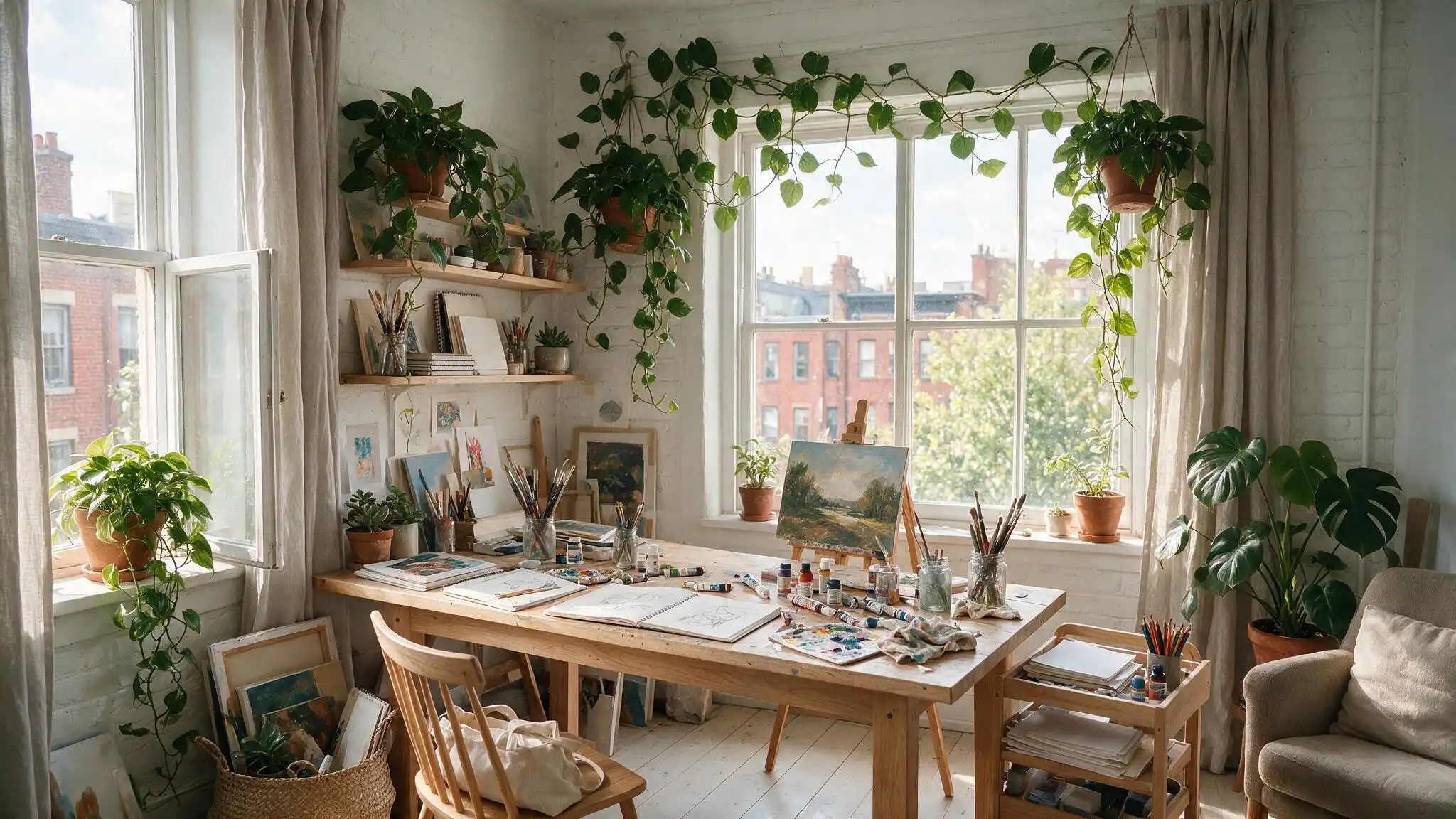 Bright art studio with indoor plants, natural wood furniture, large windows, and a calm creative workspace.