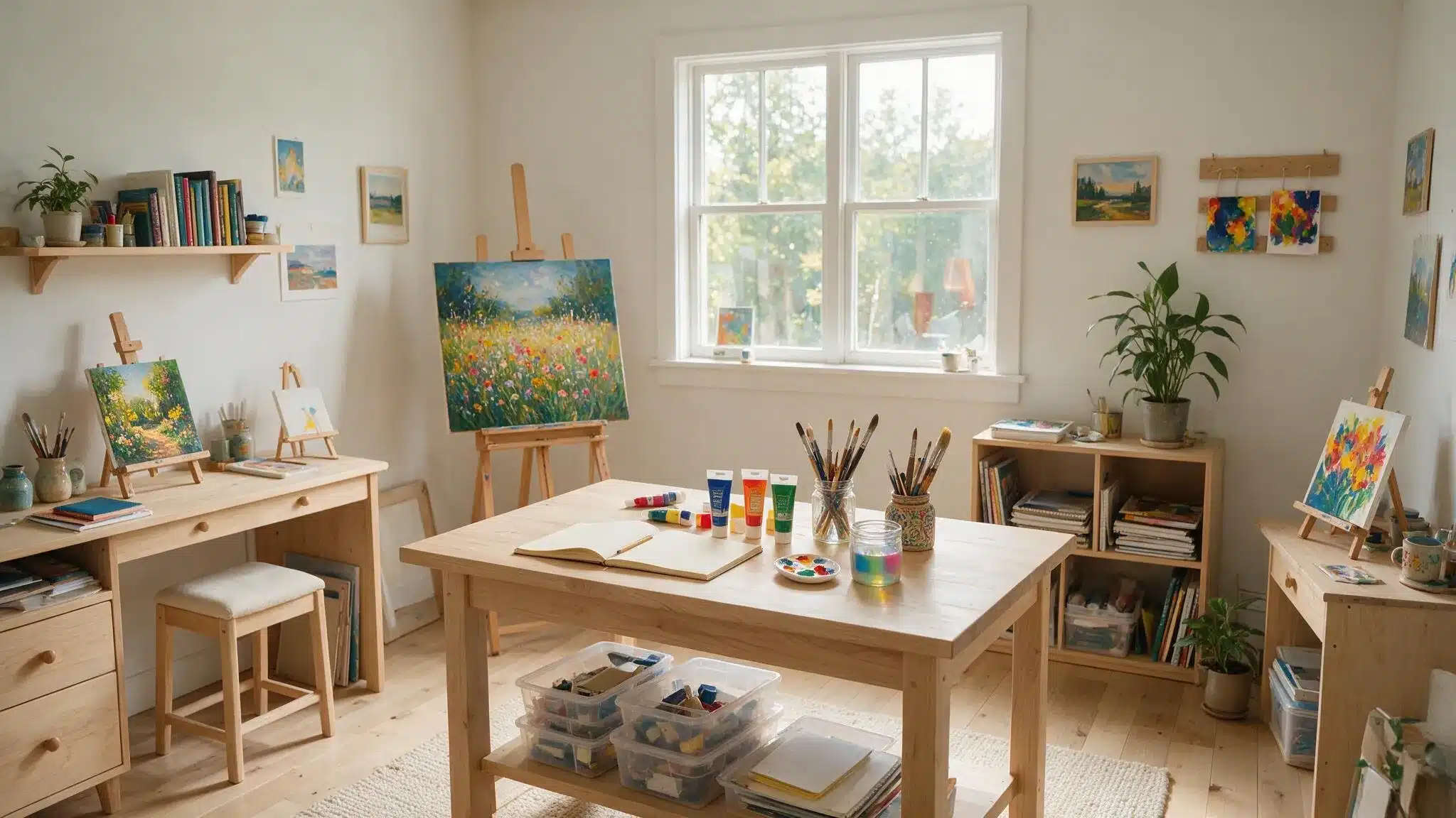 Bright art studio with neutral walls, light wood furniture, colorful paintings, and coordinated decor.