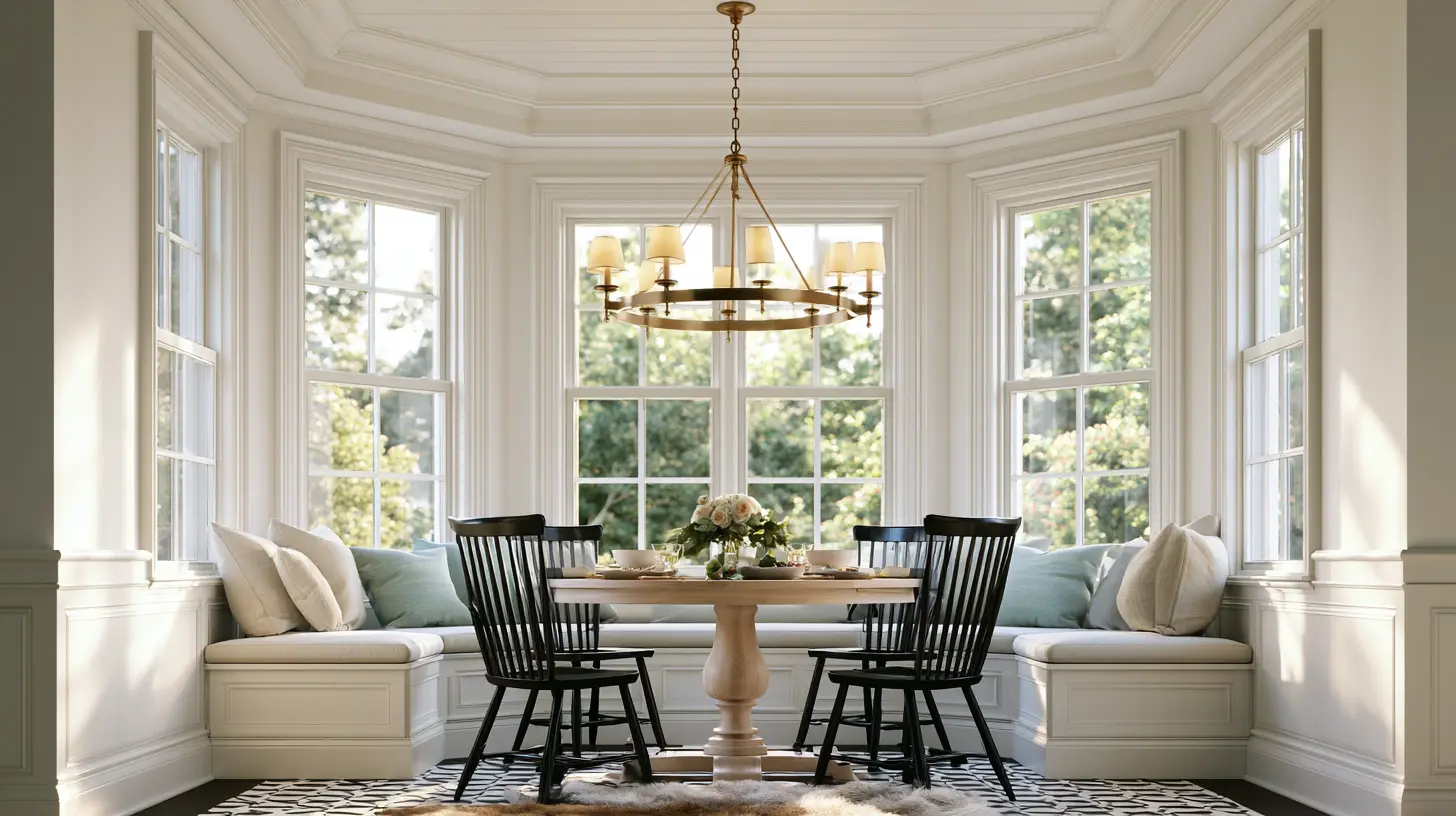 Bright dining nook with a round table, four black spindle-back chairs, built-in window seats, floral centerpiece, and large windows overlooking trees.