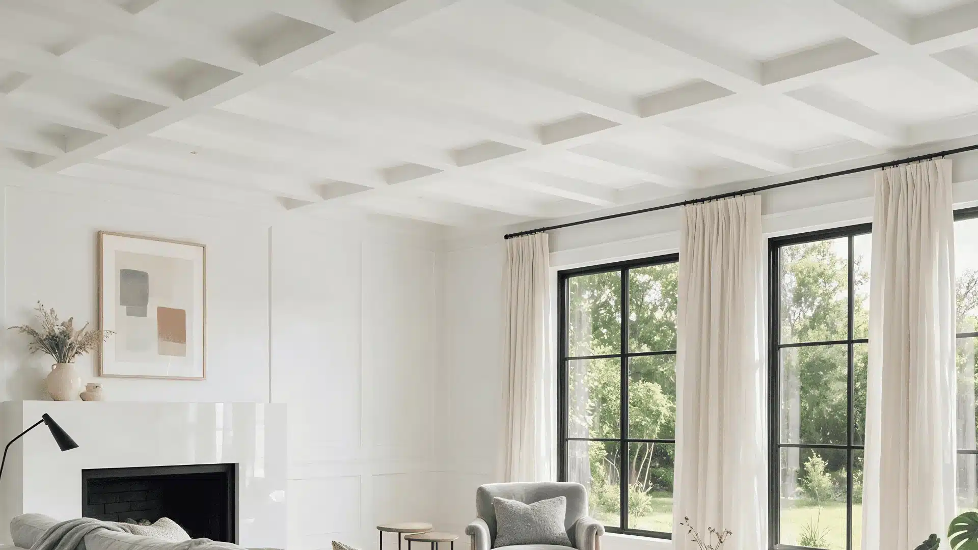 Bright living room with a simple white coffered ceiling and black framed windows