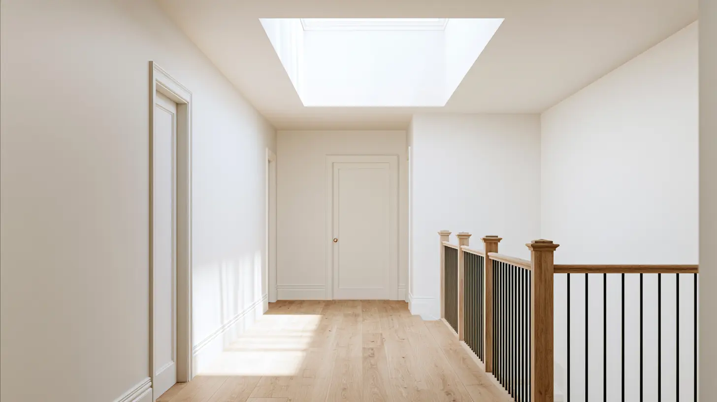 Bright white hallway with pale wood flooring, closed doors, a skylight, and a wooden staircase railing with black spindles.