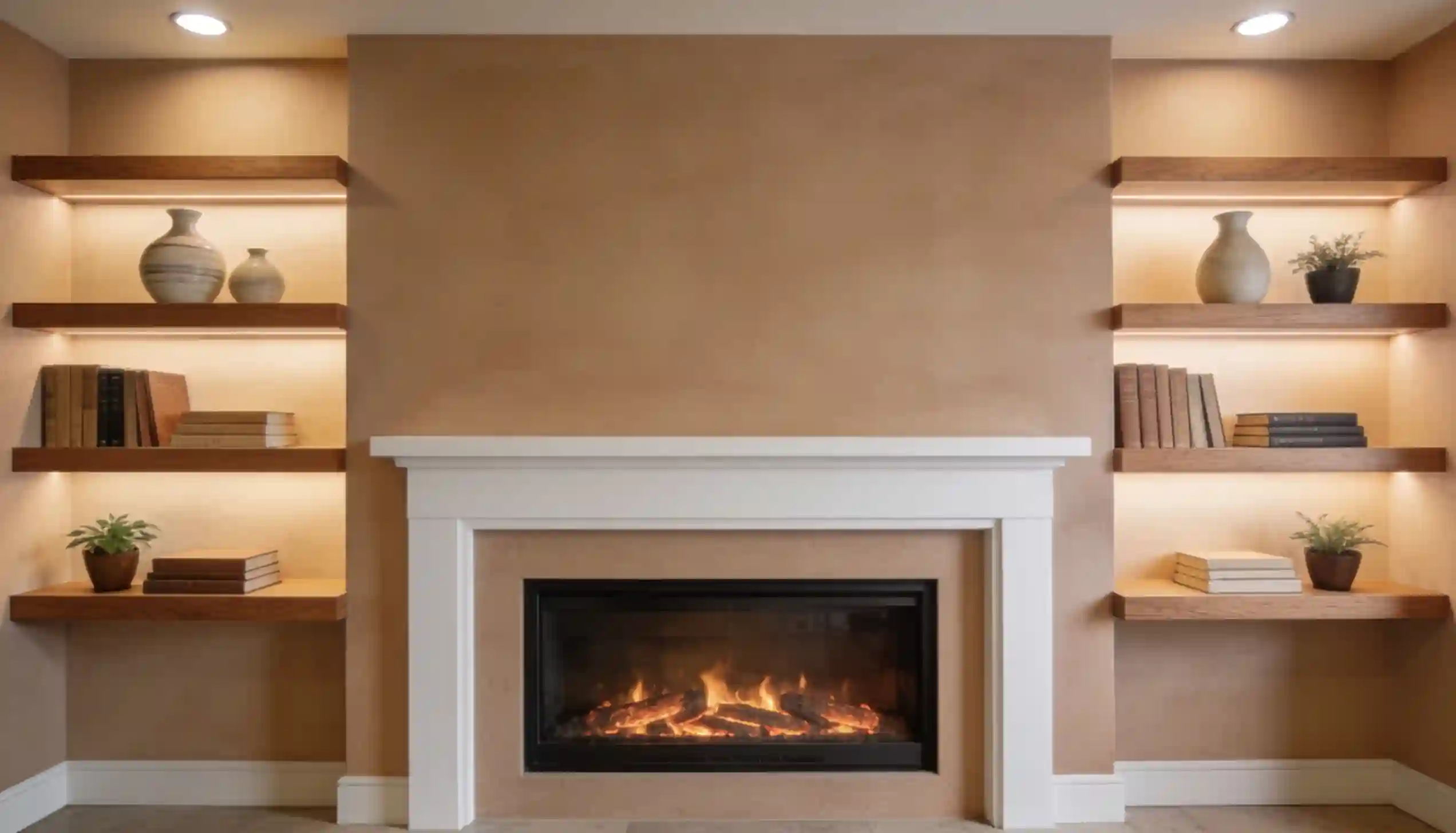 Modern fireplace with built-in illuminated shelves displaying books and decorative vases.