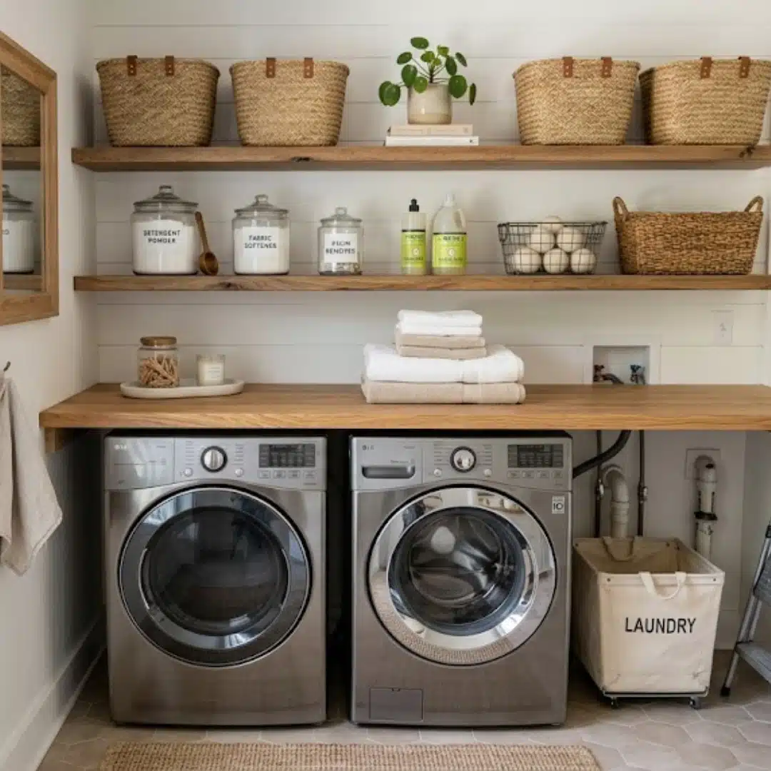 Built in wood folding counter above front load machines with shelves and baskets.