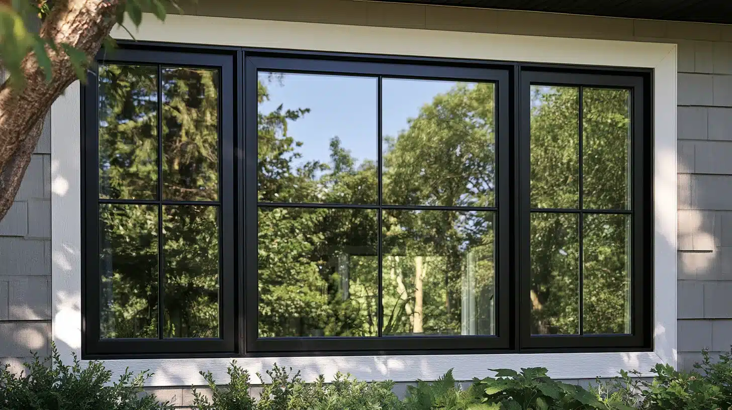 Black vinyl window frames with grid panes on a gray house, reflecting green trees in bright daylight.