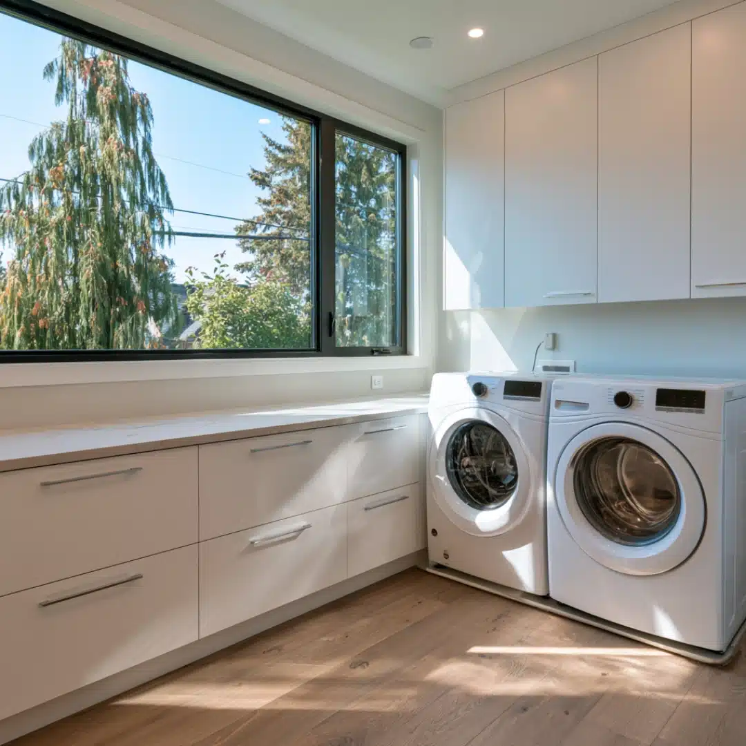 Bright laundry room with flat panel cabinets, twin machines, and large windows.