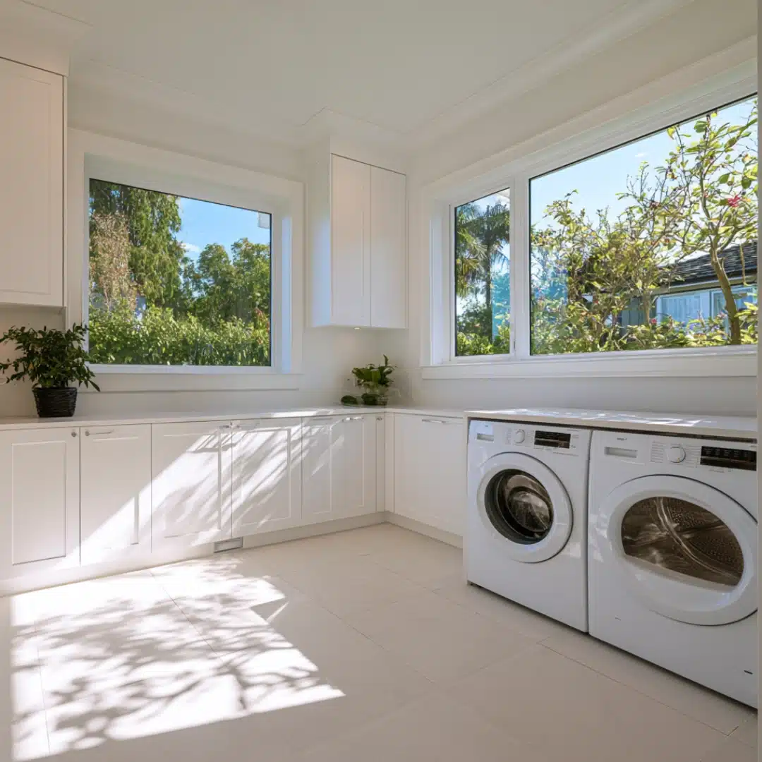 Bright white laundry room with large floor tiles, windows, and twin machines.