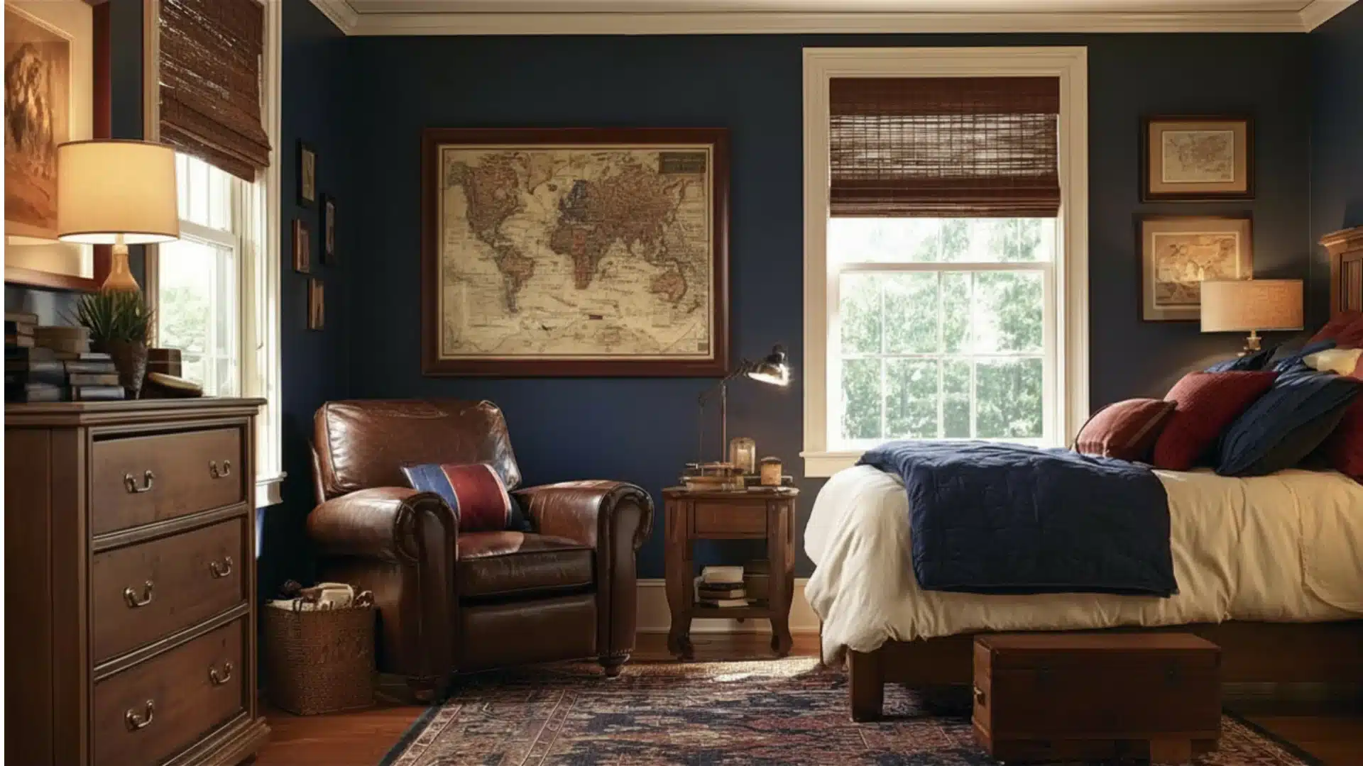 Classic Americana bedroom with navy walls, vintage maps, leather armchair, wooden furniture, layered bedding, and warm traditional decor.
