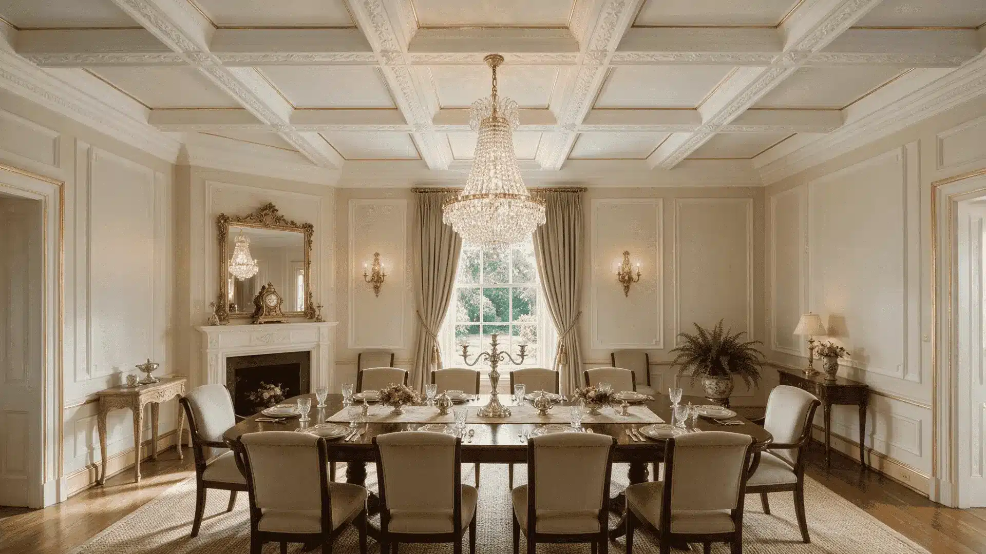 Classic dining room with detailed white coffered ceiling and crystal chandelier