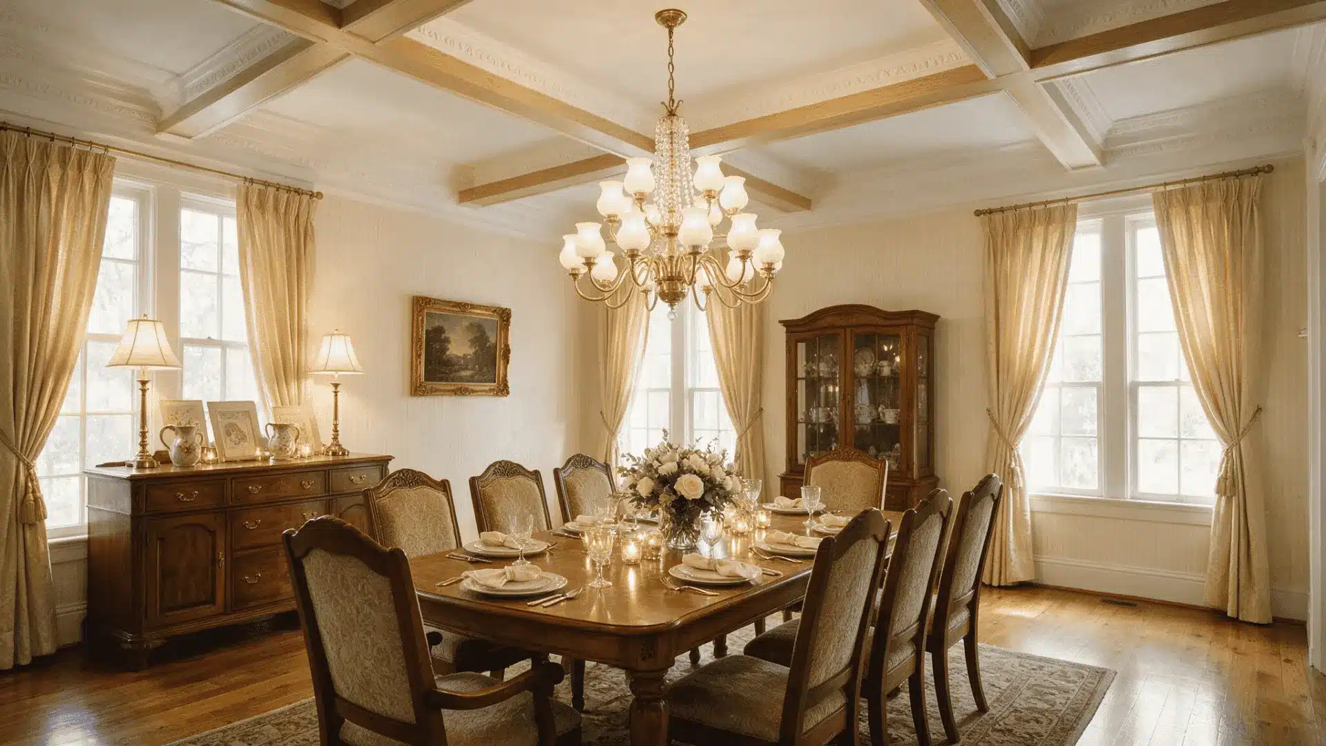 Classic dining room with light wood coffered ceiling and central chandelier