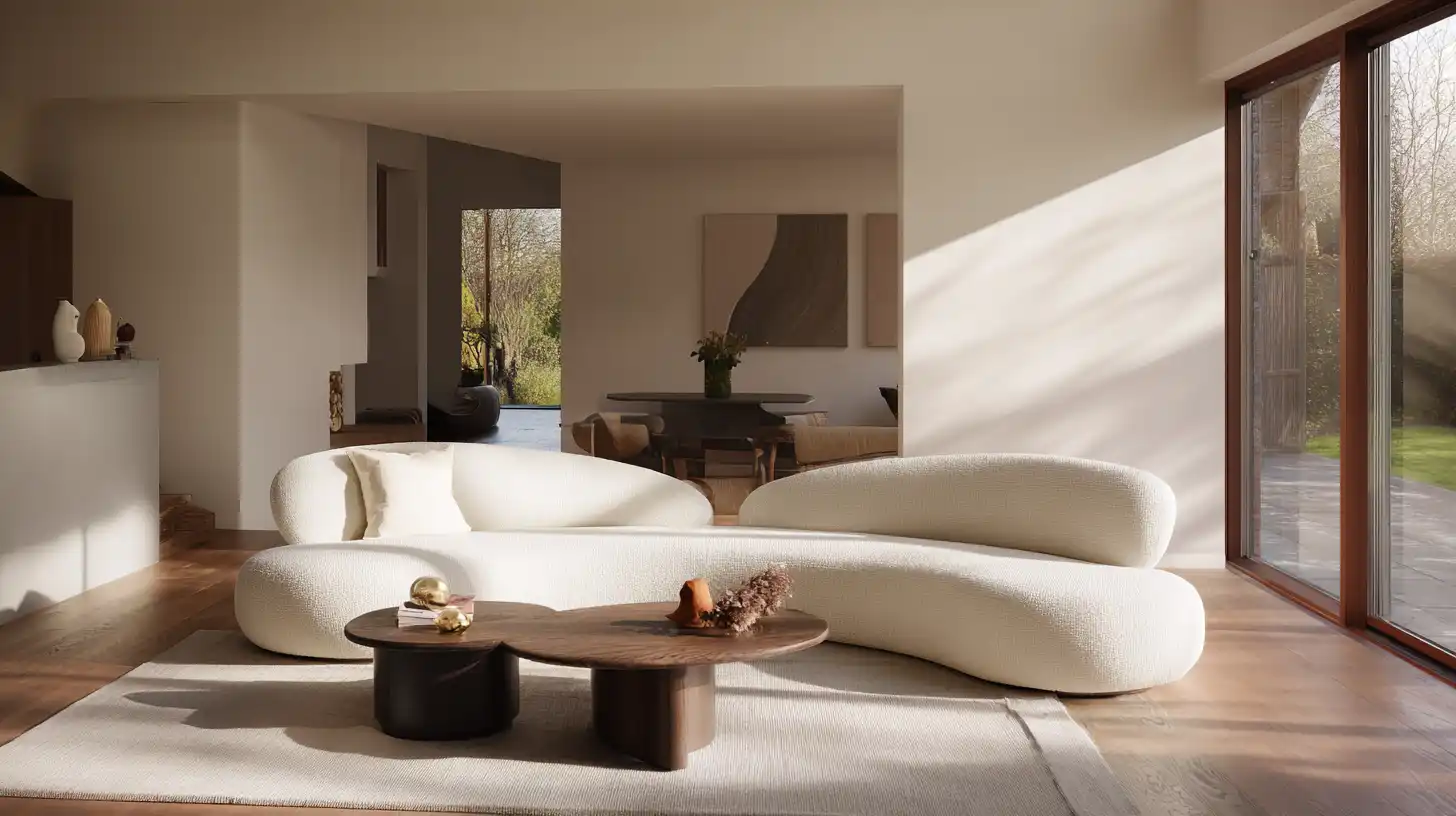 Modern living room with a curved white sofa clean lines organic shapes and soft natural sunlight