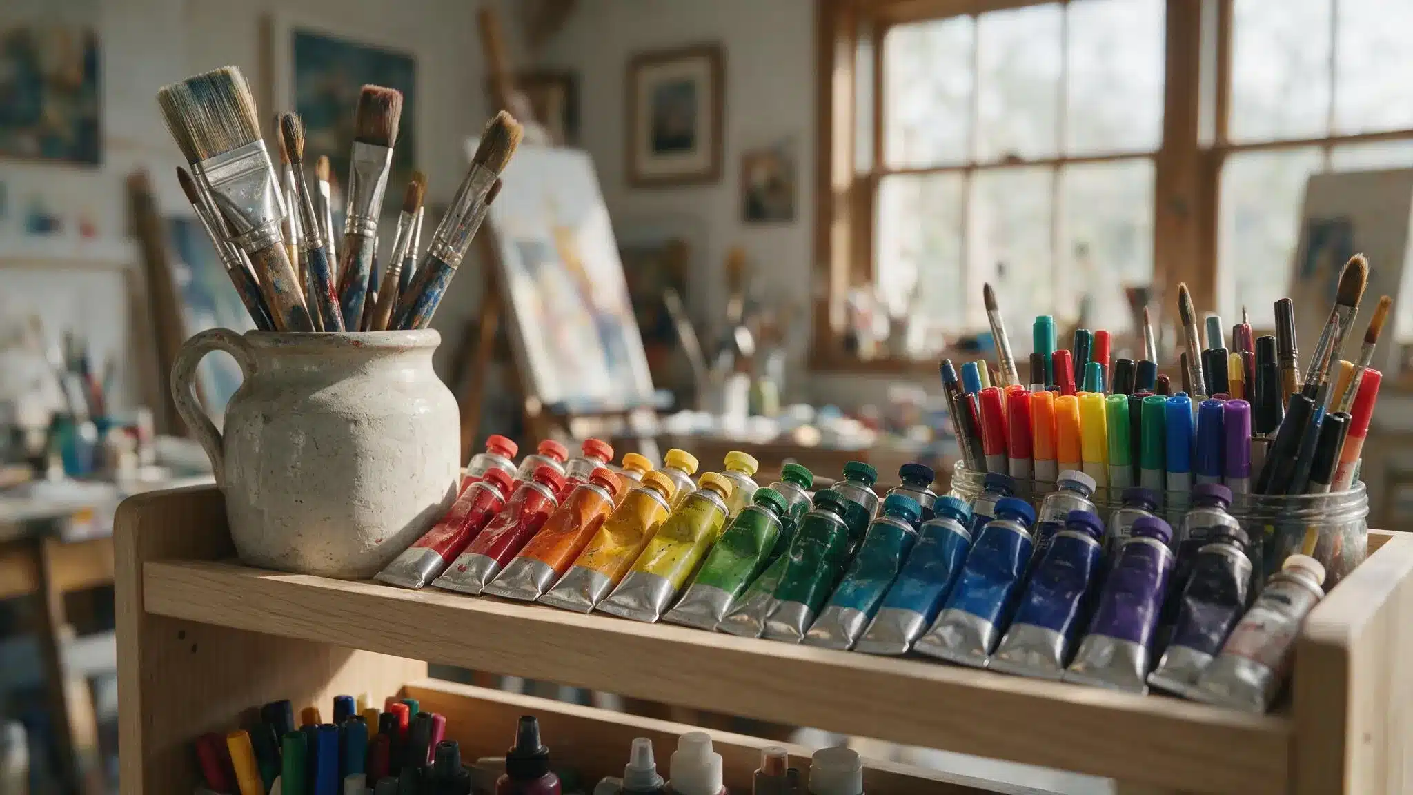 Close-up of organized art supplies with paint tubes, brushes, and markers neatly arranged on a wooden storage cart.