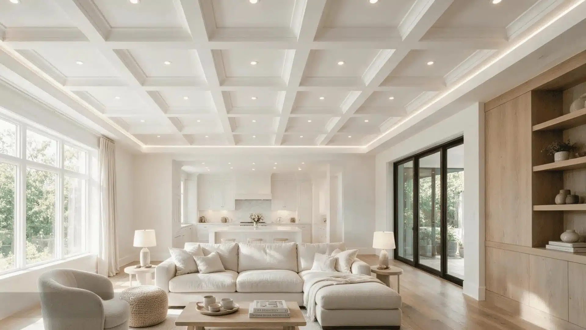 Bright living room with white coffered ceiling and recessed square panels.