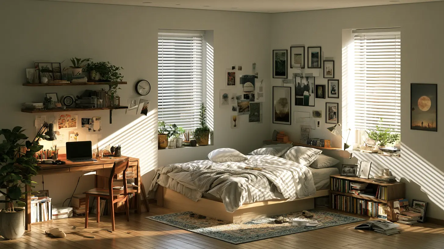 A corner layout bedroom, bed is in the corner and furniture is around it.