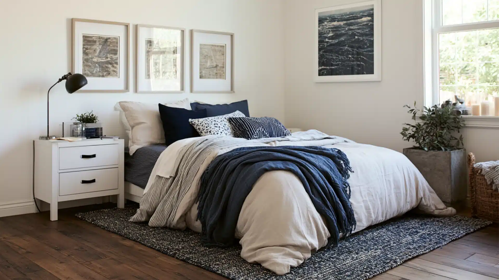 Cozy bedroom with layered white and navy bedding, textured rug, framed artwork, bedside table, and natural greenery.