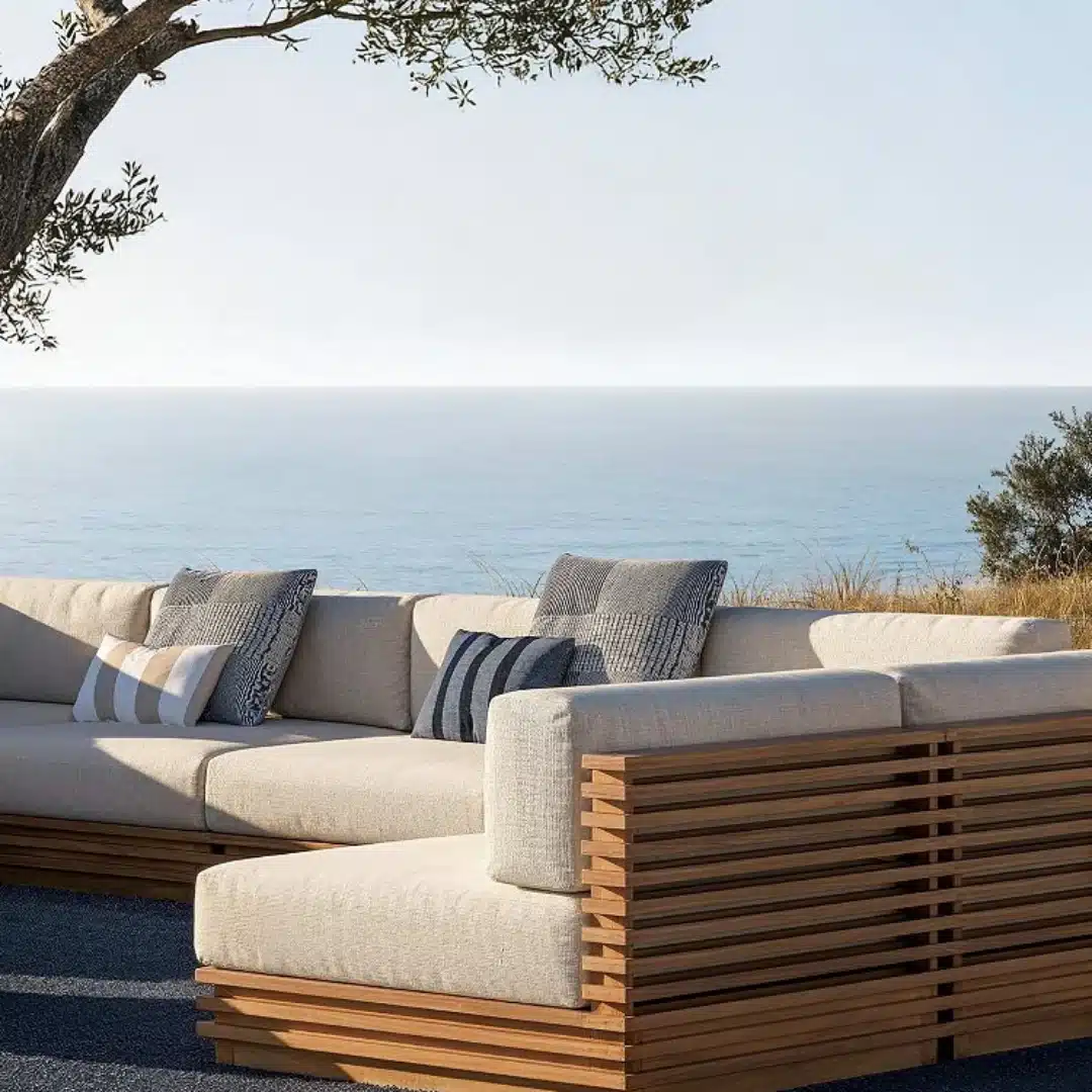 Outdoor sectional sofa with beige cushions, wood slat frames, and striped pillows overlooking a calm ocean from a sunny coastal patio.