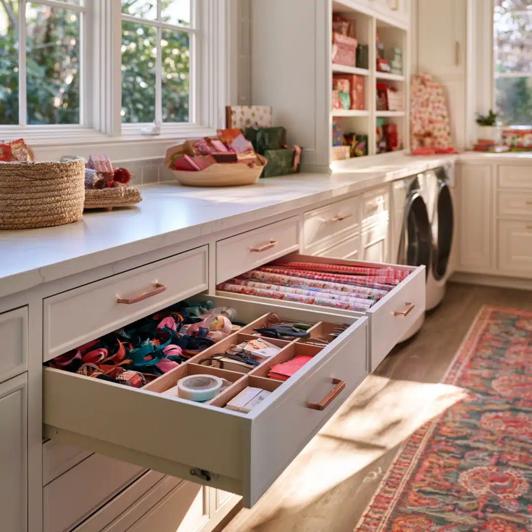 Gift wrapping station with organized drawers, ribbons, paper, and storage.