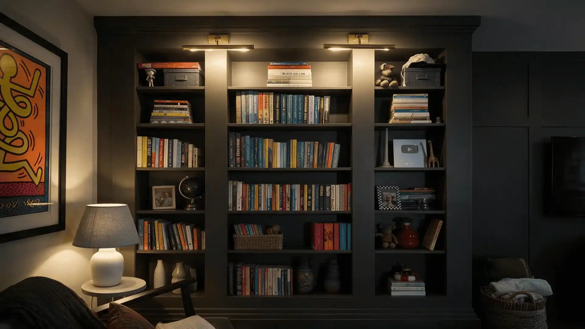 Dark built-in bookcase filled with books, decor, and warm library lighting.