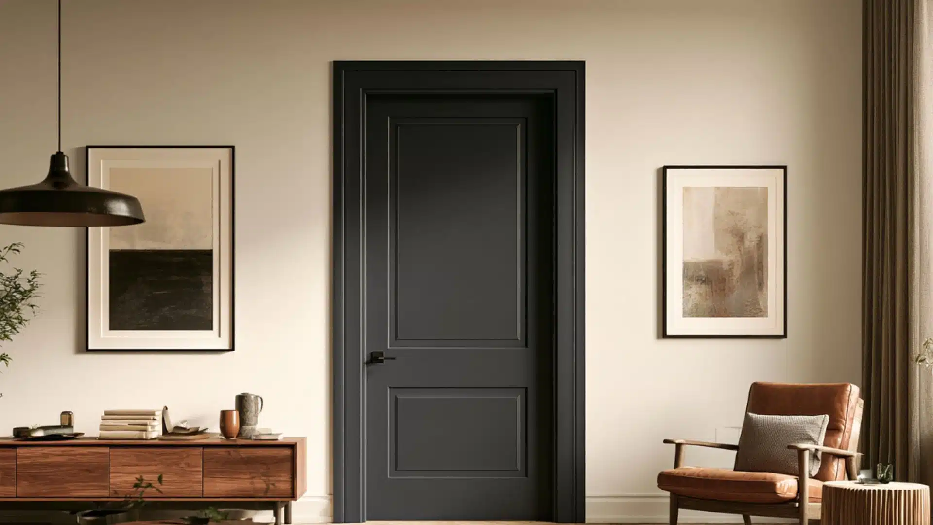 Dark contrasting door trim surrounding a charcoal door against light walls in a modern living room.